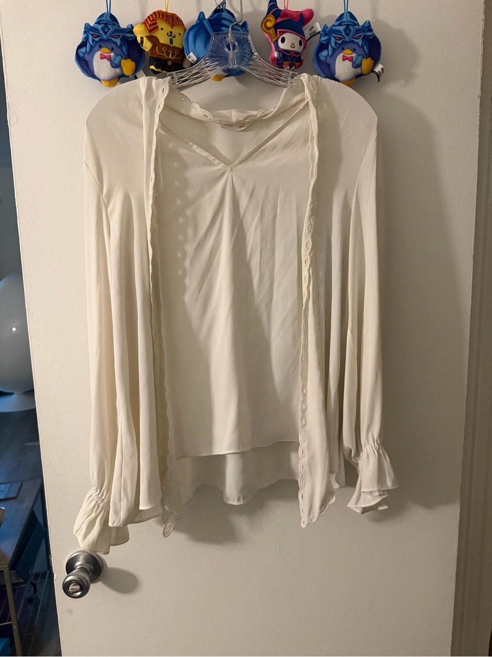 Lauren Conrad Women's Cream Long-Sleeve V-Neck Blouse with Ruffle Cuffs